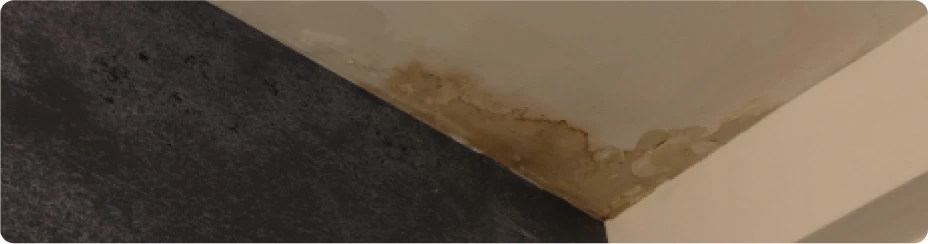 Impermeabilizaciones 12 Tejados Alcala Henares Mancha de humedad en una esquina del techo, mostrando daños por filtración de agua y la necesidad de realizar impermeabilizaciones para prevenir futuros problemas