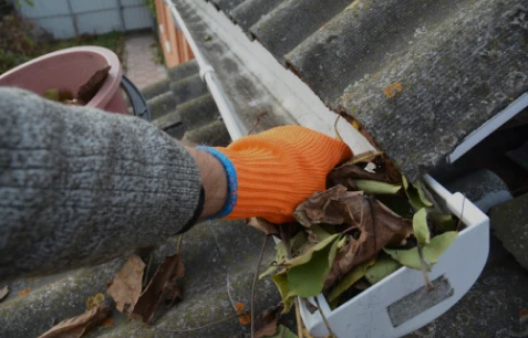 Instalación de Canalones 18 Tejados Alcala Henares Limpieza de un canalón lleno de hojas secas en un tejado, destacando la importancia del mantenimiento después de la instalación de canalones para evitar bloqueos
