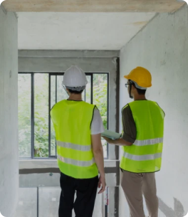 Rehabilitación de fachadas 7 Tejados Alcala Henares Dos ingenieros inspeccionando el progreso de la rehabilitación de fachadas en un edificio, evaluando la calidad de las reparaciones y mejoras estructurales