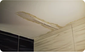 Impermeabilizaciones 3 Tejados Alcala Henares echo de baño con una gran mancha de humedad debido a filtraciones de agua, lo que indica la necesidad urgente de impermeabilizaciones